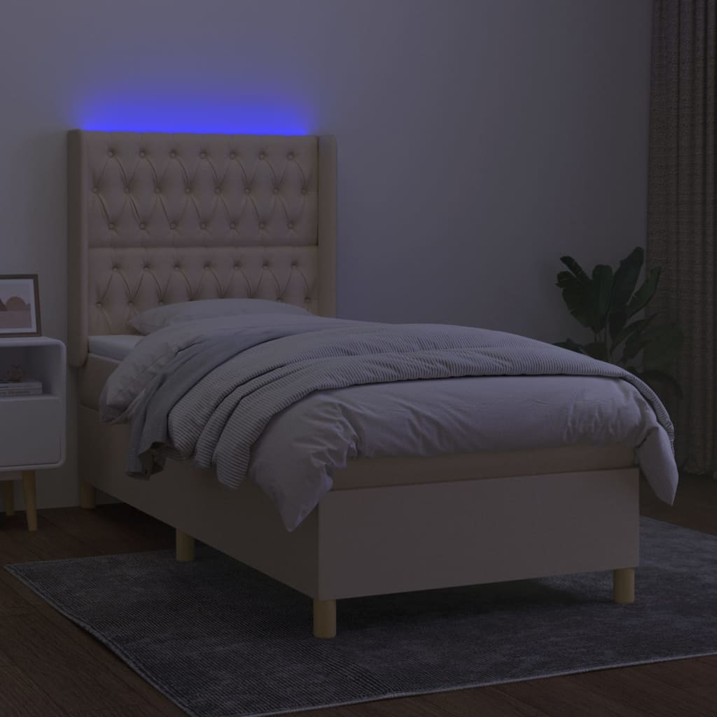 Lova su grotelėmis/čiužiniu/LED, kreminė, 90x200 cm, audinys